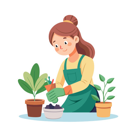 Young Woman Gardening and Repotting Plants Indoors in Pots in a Flat Style Illustrationのイラスト素材