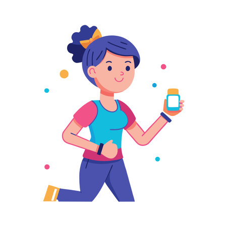 Cartoon woman exercising while holding a vitamin supplement bottle in a flat illustration styleのイラスト素材