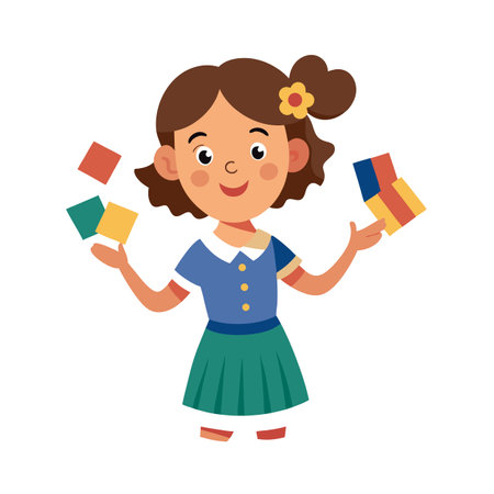 Cute young girl juggling colorful squares in a flat vector illustration style.のイラスト素材