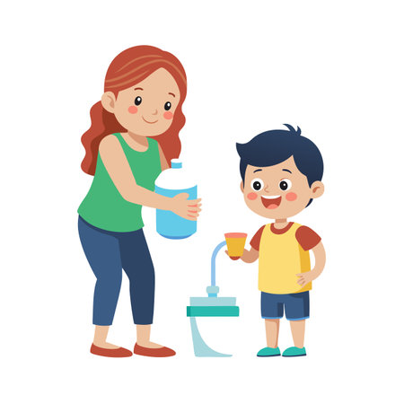 Mother pouring water for her son; promoting healthy hydration and family lifestyleのイラスト素材