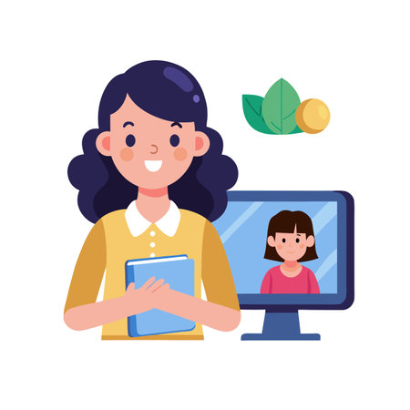 Online Education Concept Illustration: Female Teacher Conducting a Virtual Lesson with a Student on Computerのイラスト素材