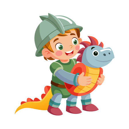 Smiling boy in knight costume embracing a stuffed dragon toy with joyのイラスト素材