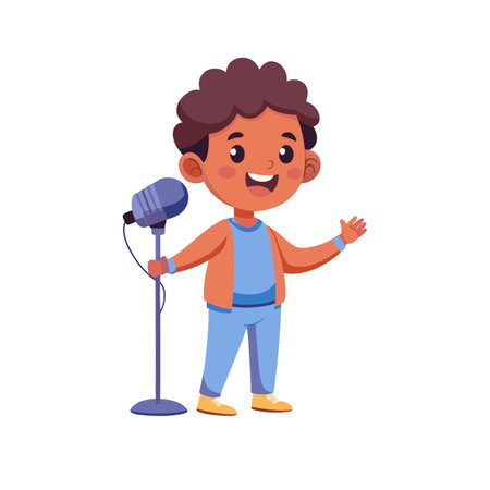 Young Boy Cartoon Character Singing Into Microphone on White Background, Happy Expressionのイラスト素材