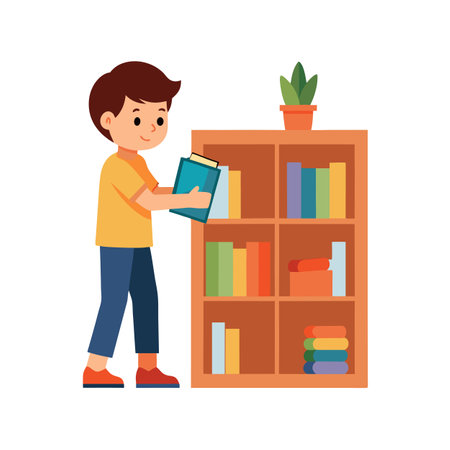 Boy Arranging Books on Shelves in a Flat Vector Illustration, Simple Designのイラスト素材