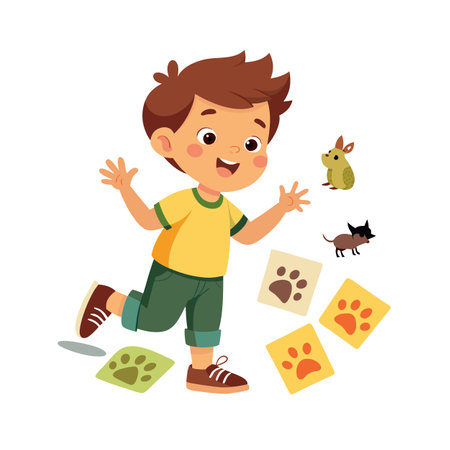 Happy Boy with Dogs and Paw Prints in a Playful Flat Design Illustrationのイラスト素材