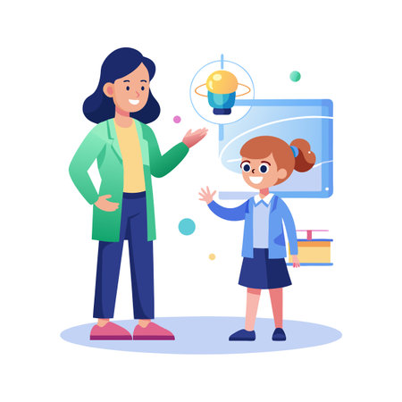 Teacher Explaining Science Concept to Student with Lightbulb Illustration in Flat Designのイラスト素材