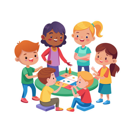 Children Playing Board Game Together Around a Green Table in a Playful Illustrationのイラスト素材