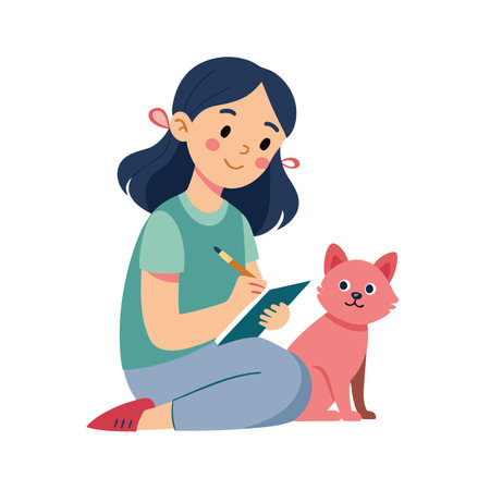 Young woman drawing a cat character design concept for children's book illustrationのイラスト素材