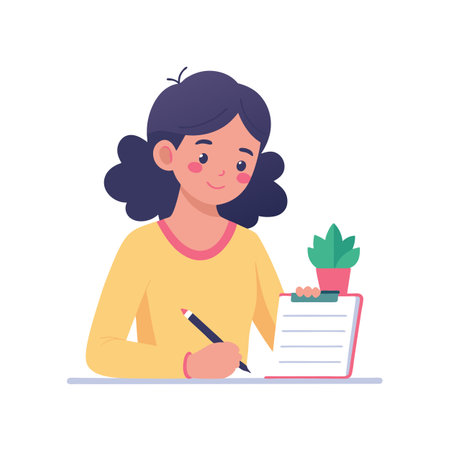 Young woman writing on clipboard with a potted plant, against a clean white backgroundのイラスト素材