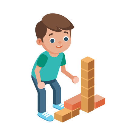 Young Boy Building Tower with Toy Blocks in Isometric Vector Illustration Styleのイラスト素材