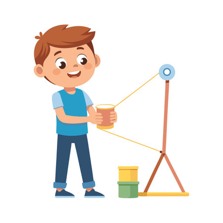 Cartoon boy with can phone and homemade communication system, connecting people conceptのイラスト素材