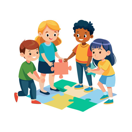 Diverse children work together to complete a puzzle, symbolizing teamwork and problem-solvingのイラスト素材