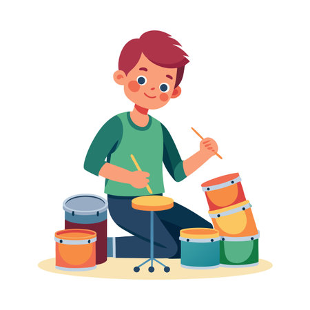 Cartoon Illustration of a Young Boy Playing Drums on a White Backgroundのイラスト素材