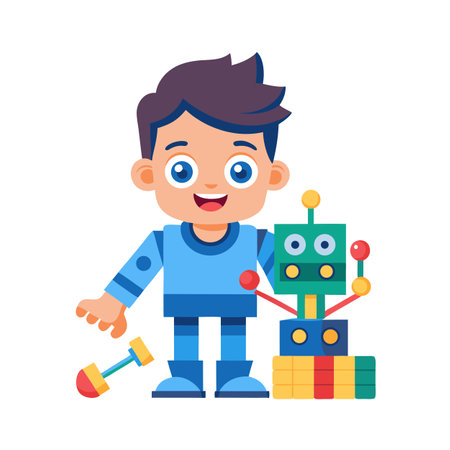 Child Playing with Robot Toys: A Whimsical Illustration of Imagination and Funのイラスト素材