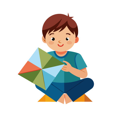 Cartoon Boy Playing with Paper Toy Sitting Down - Flat Graphic Illustrationのイラスト素材