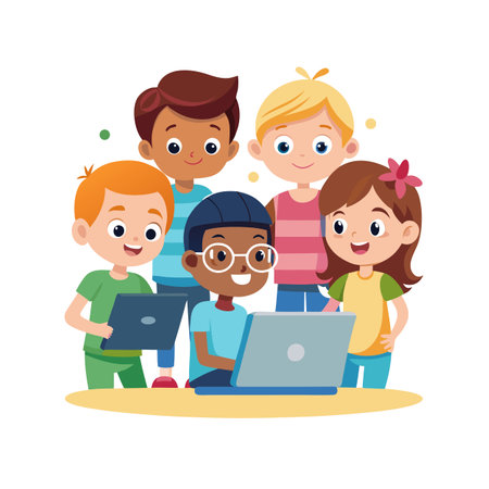 Group of Diverse Children Using Laptops and Tablets, Collaborating and Learning Together in Colorful Flat Designのイラスト素材