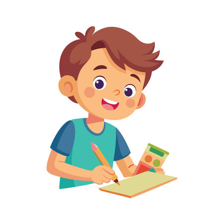 Illustration of a young boy drawing with a pencil on a notepadのイラスト素材