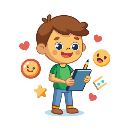 Illustration of a boy drawing surrounded by hearts and happy face emoticonsのイラスト素材