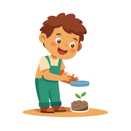 Young Boy Studying a Sprout in Soil Under a Magnifying Glass Illustrationのイラスト素材