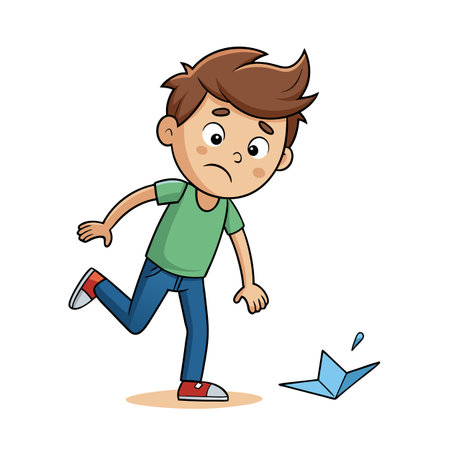 Sad boy looks at a broken paper airplane isolated on white background.のイラスト素材