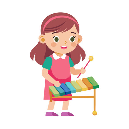 Cheerful Cartoon Girl Playing Xylophone with Mallet in Flat Vector Style Isolatedのイラスト素材
