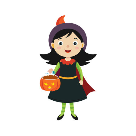 Cute cartoon witch carrying a pumpkin basket against a white background for Halloweenのイラスト素材