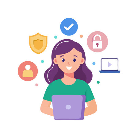 Woman with laptop surrounded by security and data protection symbols in a flat design.のイラスト素材