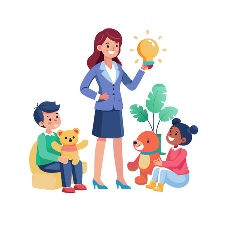 Teacher with children and light bulb showing a new idea or education conceptのイラスト素材