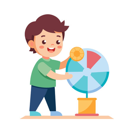 Cartoon Boy Playing a Spin Wheel Game, Demonstrating Luck and Chance in a Fun Wayのイラスト素材