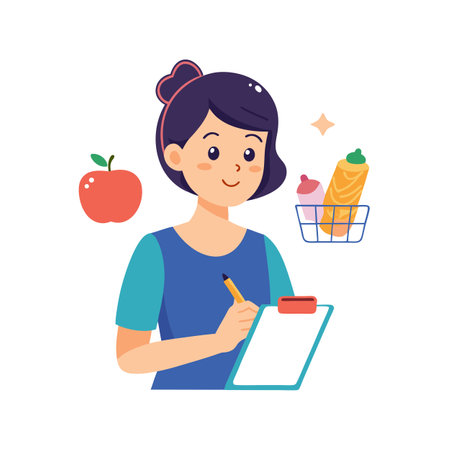 Woman with Clipboard and Groceries: Food Inventory and Healthy Lifestyle Trackingのイラスト素材