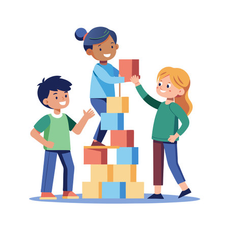 Illustrative Children Building Tower of Blocks, Collaboration, Friendship and Developmentのイラスト素材