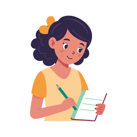 Cartoon girl writing or drawing in a notebook with a pencil, focused and cheerfulのイラスト素材