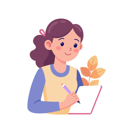 Young Woman Writing on a Notepad with Autumn Leaves Illustration - Flat Vector Styleのイラスト素材