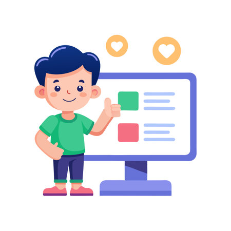 Cartoon Boy Presenting Data on Computer Screen with Thumbs Up Gesture and Social Media Iconsのイラスト素材