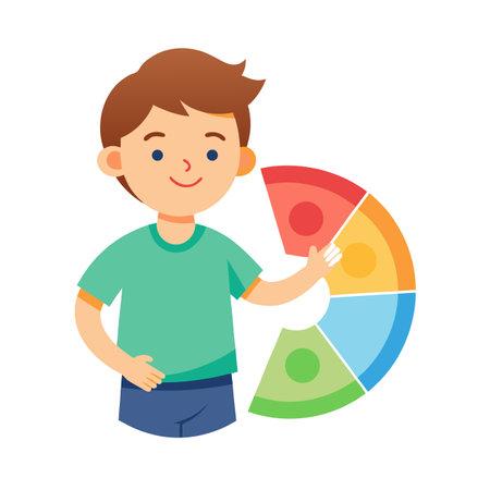 Young boy displaying colorful pie chart for educational or business infographics and data analysis presentationのイラスト素材