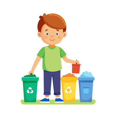 Boy Sorting Waste into Recycling Bins, Illustrating Environmental Responsibility and Waste Managementのイラスト素材