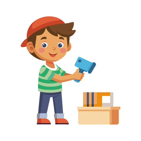 Cartoon boy with hammer and toolbox, crafting or playing, vector artのイラスト素材