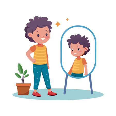 Boy looking in a mirror, reflecting self-image and positive self-perception, with houseplant nearのイラスト素材