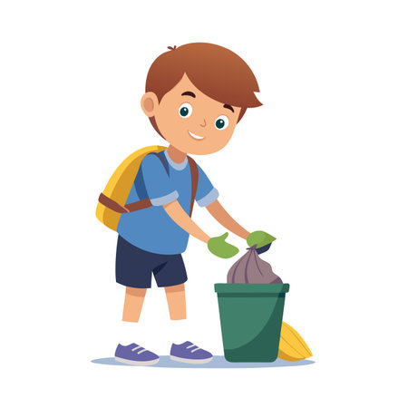 Boy with backpack throws garbage in the trash can, cleaning environment conceptのイラスト素材