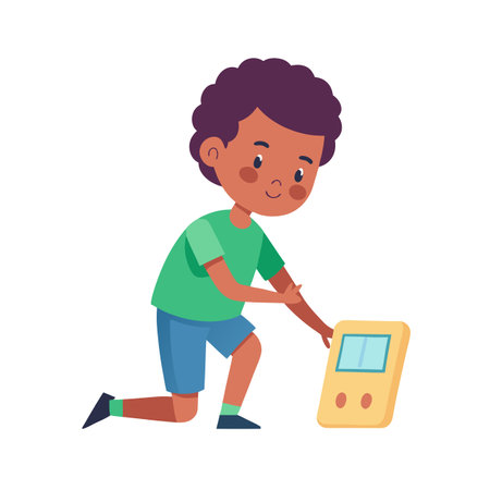 A young boy interacts with a handheld gaming console in a vibrant cartoon styleのイラスト素材