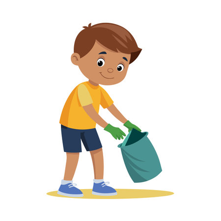 Young Boy Cleaning Up Trash Wearing Gloves with a Bag Isolated on Whiteのイラスト素材