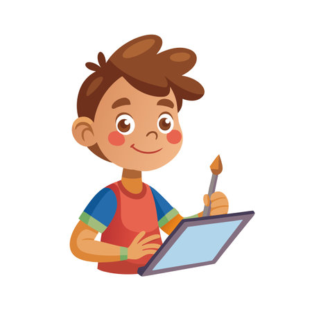 Boy using digital tablet and stylus pen for creative work in a cartoon style illustrationのイラスト素材
