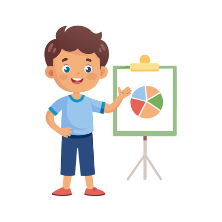Boy presenting pie chart data on whiteboard during school presentation with happy expressionのイラスト素材