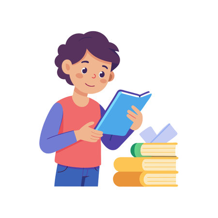 Boy with a book standing by stack of books illustration vector graphic imageのイラスト素材