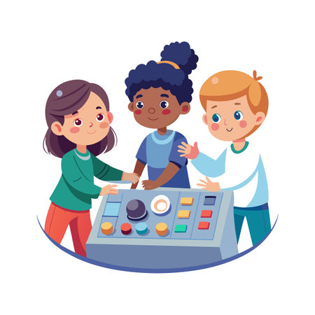 Diverse children operating a futuristic control panel together, promoting learning and cooperation.のイラスト素材
