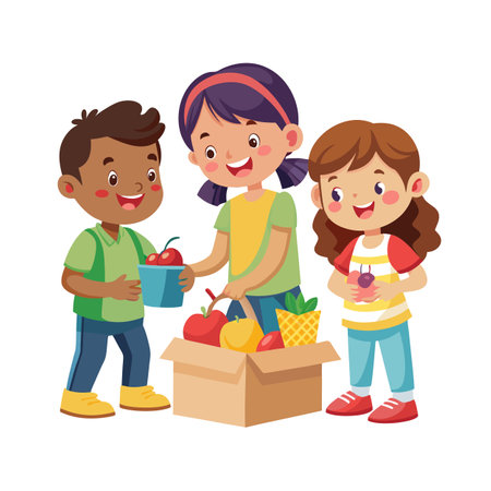 Smiling Children Sorting Fruits from a Box for Healthy Eating and Volunteeringのイラスト素材