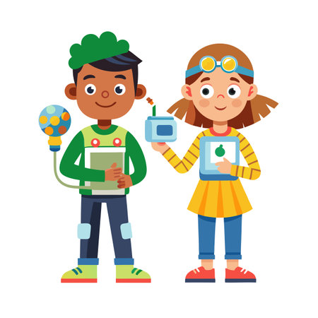 Children Exploring Science and Technology with Gadgets in a Flat Illustration Styleのイラスト素材