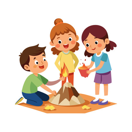 Children building a volcano model erupting with lava for a science fair project displayのイラスト素材