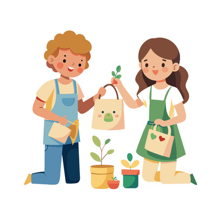 Children Gardening Together with Plants in Pots, Flat Vector Illustration on White Backgroundのイラスト素材