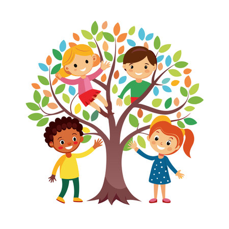 Happy Children Around Colorful Tree: A Vibrant Illustration of Friendship and Growthのイラスト素材